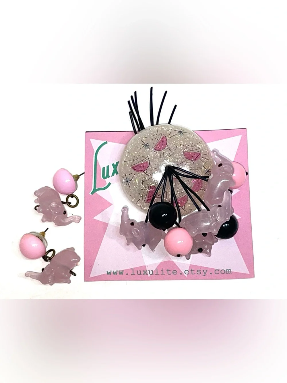 Luxulite Pink Elephants On Parade Brooch and Earrings Set